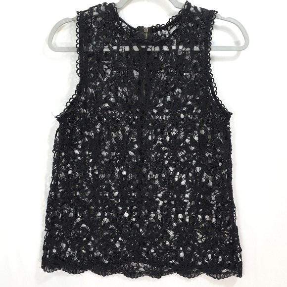 Tops - Black Crochet Lace Sleeveless Top Women S M Boho Sheer Zip Back Indie Sleaze